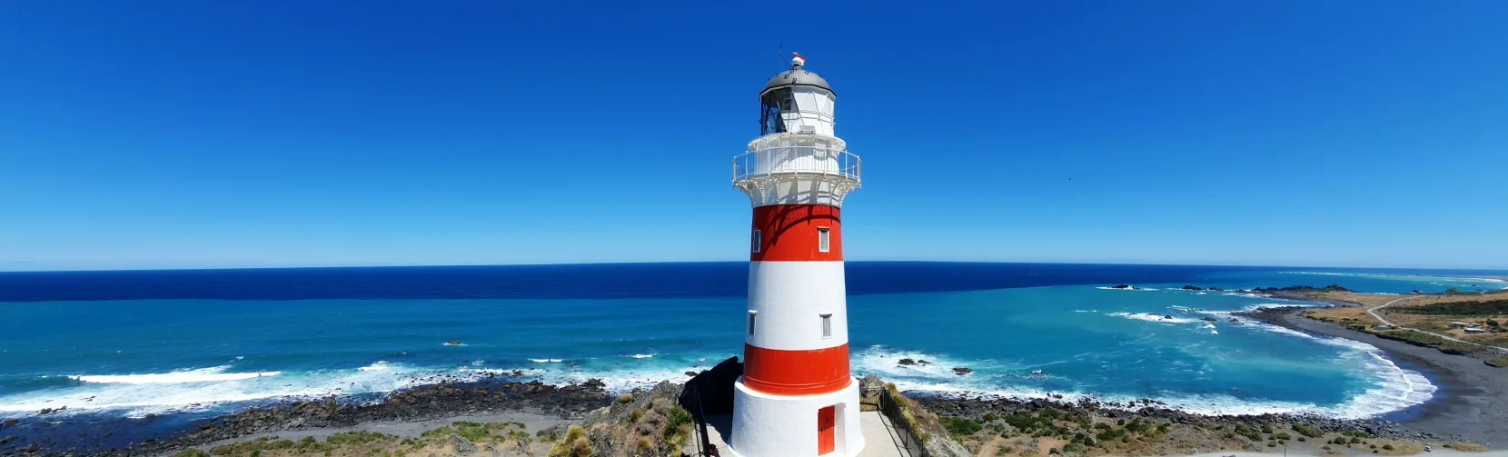 Cape Palliser Lighthouse on the Wairarapa coast near Martinborough, overlooking the Pacific Ocean in Wellington region, New Zealand