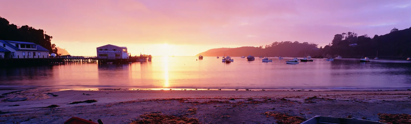 Sunset over Halfmoon Bay in Oban with boats anchored in the harbour on Stewart Island Rakiura, Southland New Zealand