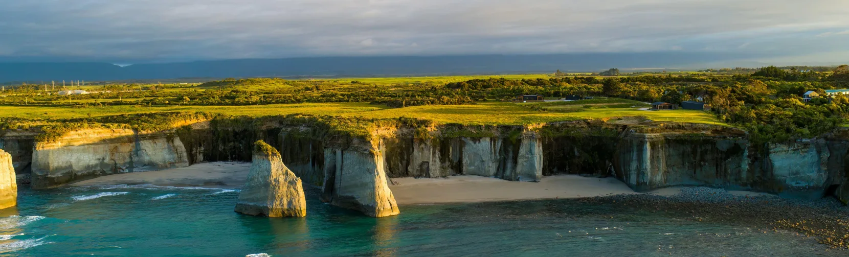 Dramatic coastal cliffs and sea stacks at Cape Foulwind near Westport on the West Coast of New Zealand’s South Island