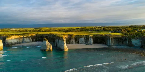 Dramatic coastal cliffs and sea stacks at Cape Foulwind near Westport on the West Coast of New Zealand’s South Island