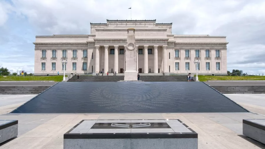 Auckland Museum with expansive green lawns at Auckland Domain