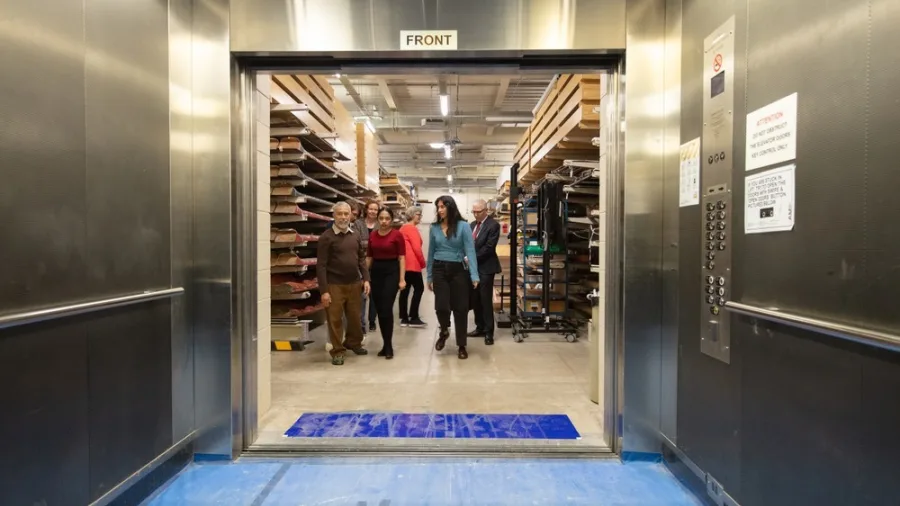 Tour group walking through behind-the-scenes museum storage area on Auckland coastal tour