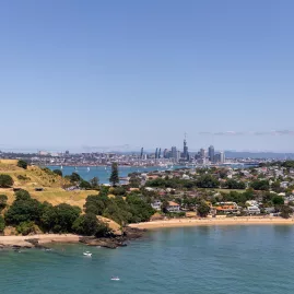 Devonport volcanic cone with Auckland city in background
