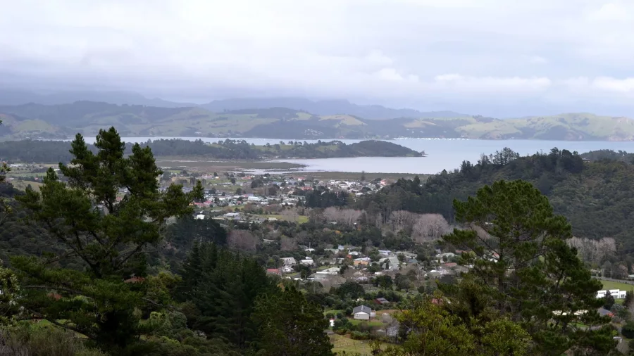 Aerial view of Coromandel town and surrounding hills with coastline in the distance