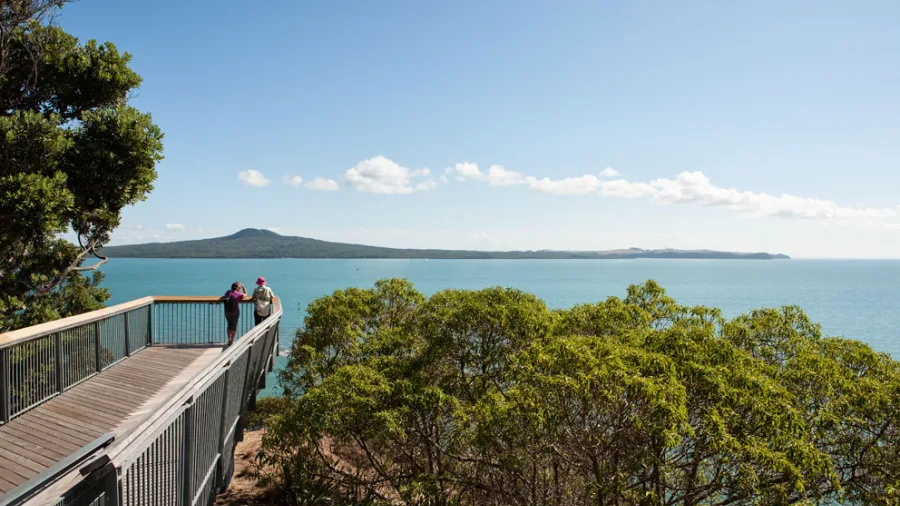 Coastal view from Achilles Point in Auckland overlooking Rangitoto Island and the Hauraki Gulf