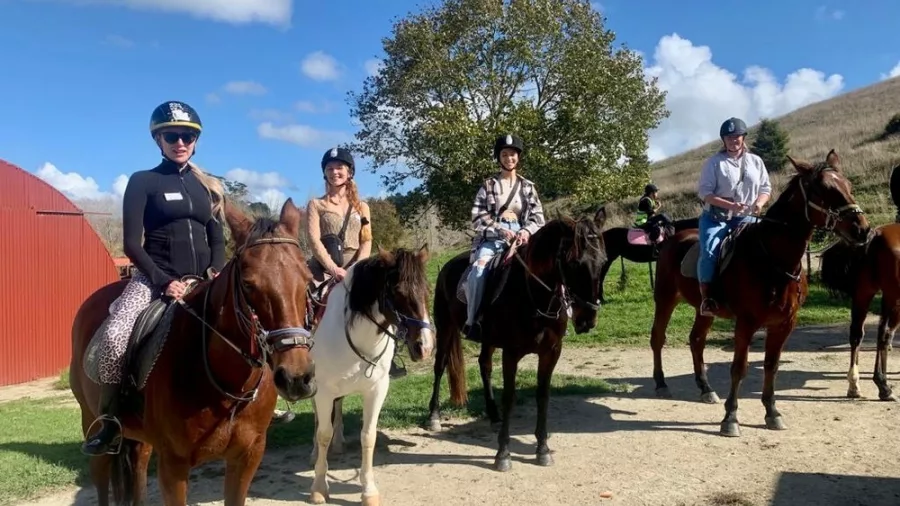 Tour group on horses ready to begin a horse trekking tour near Brick Bay