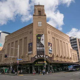 Exterior of the Civic Theatre in central Auckland on a sunny day