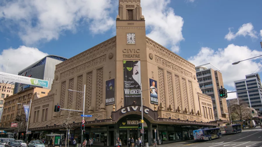 Exterior of the Civic Theatre in central Auckland on a sunny day