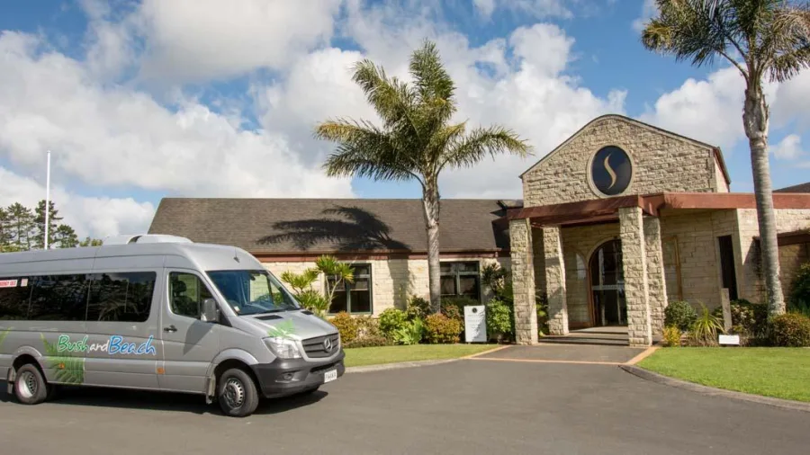 Bush and Beach wine tour van parked outside Soljans Vineyard restaurant