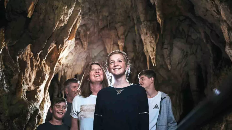 Family group admiring limestone formations inside Waitomo Caves during a guided walking tour