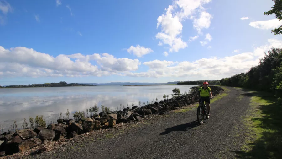 Cyclist pedalling along a gravel track with tidal flats and blue sky