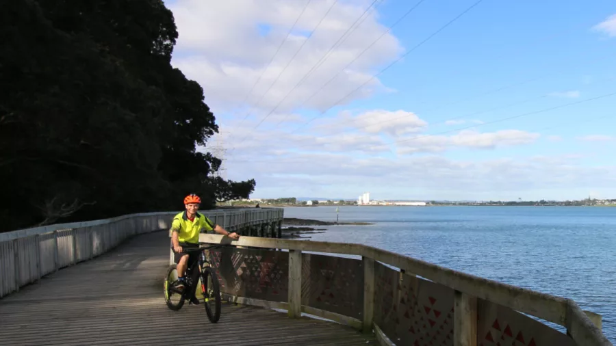 Cyclist riding an e-bike on a wooden boardwalk above Auckland’s waterfront