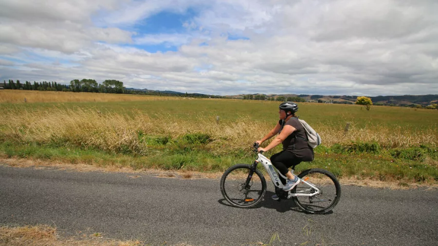 Woman riding an e-bike along a quiet rural road surrounded by golden fields