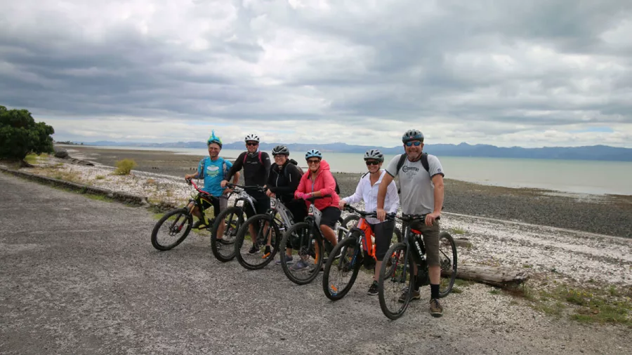 Group of e-bike riders gathered beside the coastline with the Firth of Thames in the background