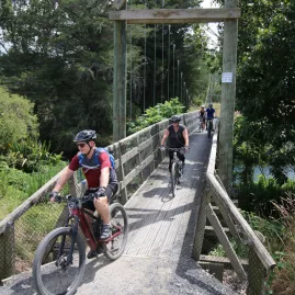 Group of cyclists riding across a wooden suspension bridge in Karangahake Gorge