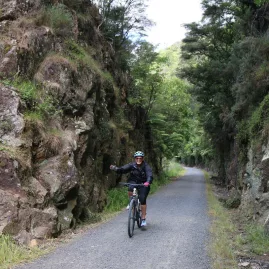 Woman cycling through a rocky cutting surrounded by native bush in Karangahake Gorge