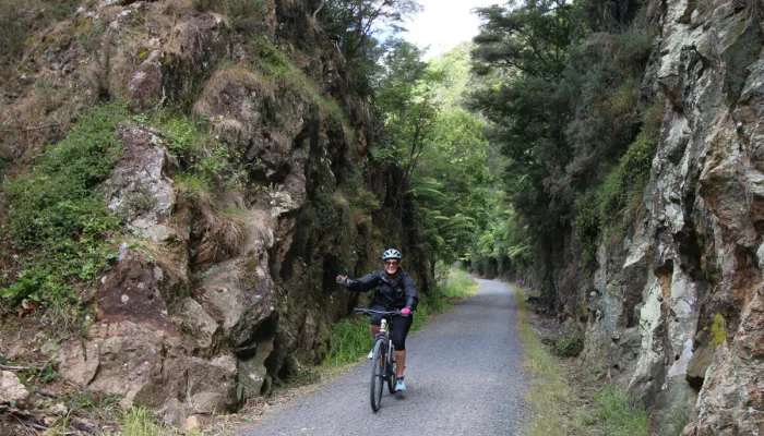 Woman cycling through a rocky cutting surrounded by native bush in Karangahake Gorge