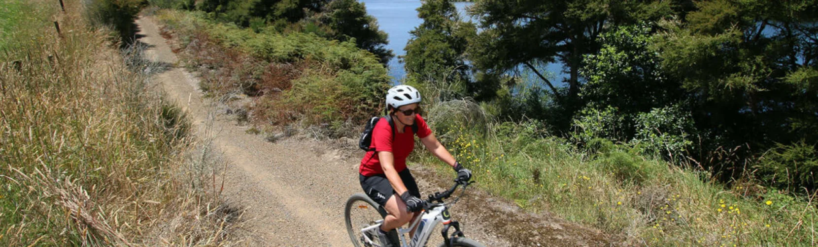 Woman cycling along a gravel trail next to the lake on the Waikato River Trails