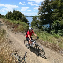 Woman cycling along a gravel trail next to the lake on the Waikato River Trails
