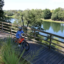 Young cyclist riding an orange bike along a wooden riverside boardwalk in Waikato