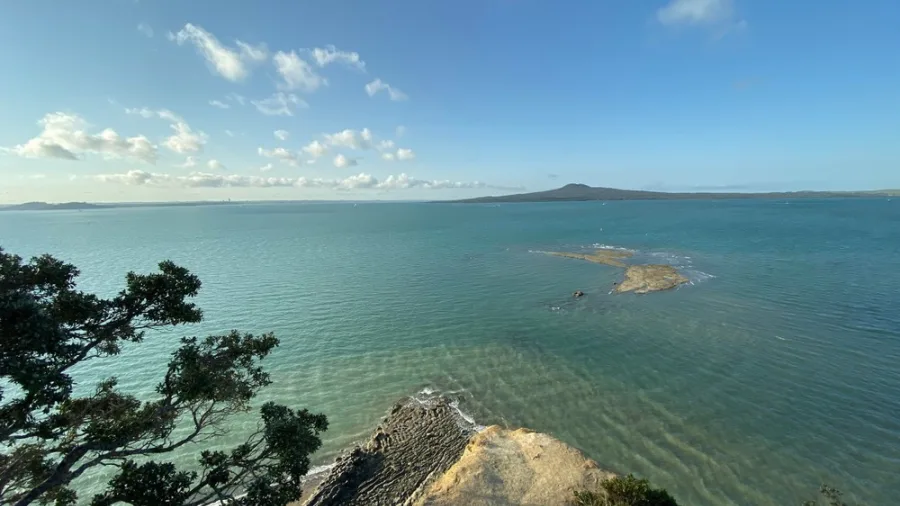 Scenic view from Achilles Point overlooking Auckland’s waterfront and distant Rangitoto Island