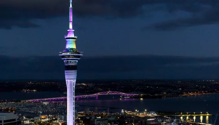 Sky Tower lit up at night in Auckland