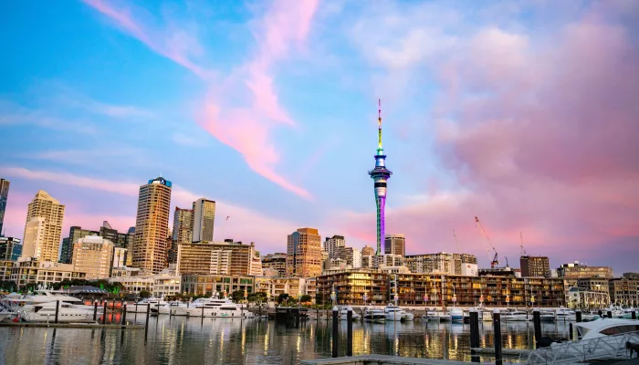Auckland city skyline and Sky Tower reflecting on marina