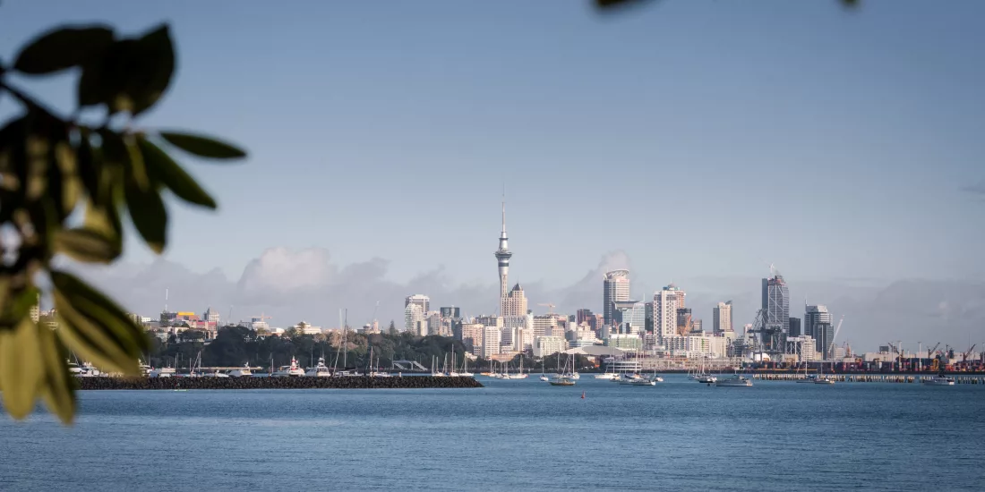 Auckland city skyline viewed from Tamaki Drive