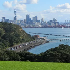 View of Auckland city skyline from St Heliers Bay along the coastal tour route