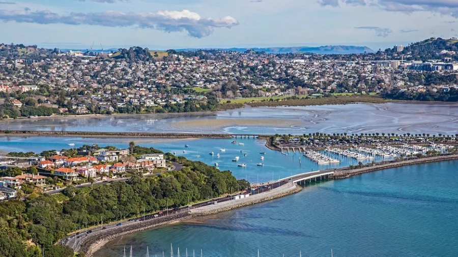 Aerial view of Tamaki Drive and Auckland coastal landscape