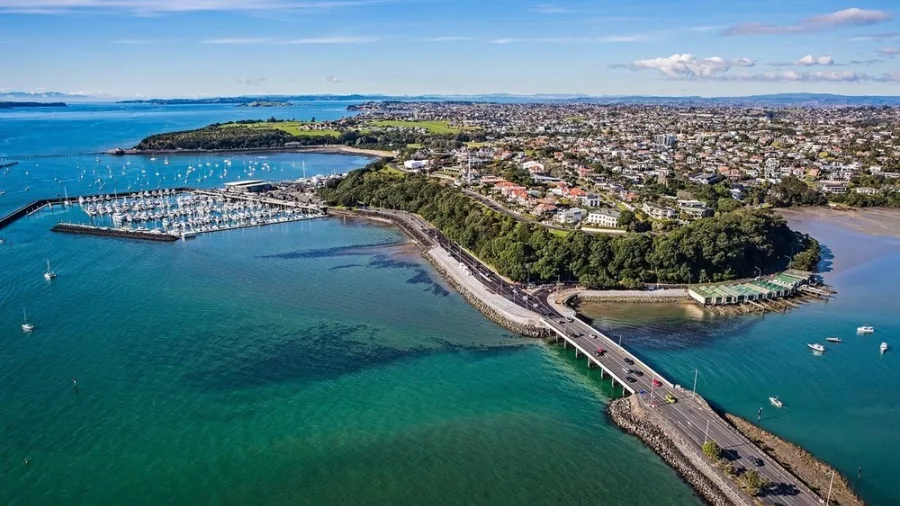 Aerial view of Tamaki Drive in Auckland, showing the waterfront, marina, and surrounding cityscape on a sunny day.