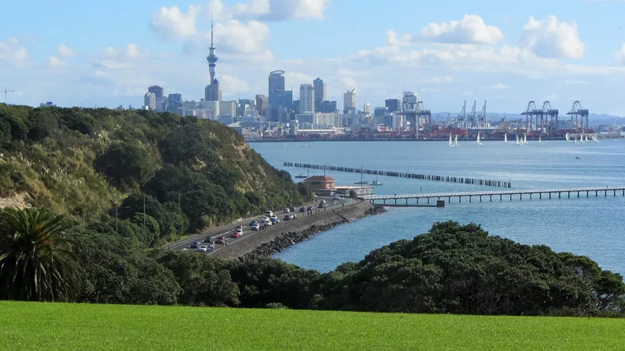 View of Auckland city skyline from St Heliers Bay along the coastal tour route