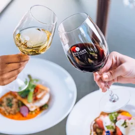 Toasting with red and white wine at Soljans Estate Winery café, paired with gourmet New Zealand cuisine.