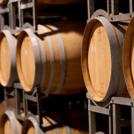 Wine barrels in the cellar at Soljans Estate Winery in Kumeu