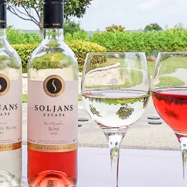 Soljans Estate Winery wine tasting – Sauvignon Blanc and Rosé with vineyard view in Kumeu Wine Country, near Auckland, New Zealand.
