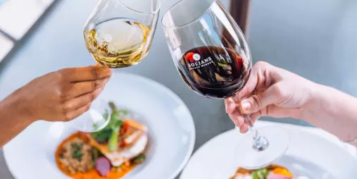 Toasting with red and white wine at Soljans Estate Winery café, paired with gourmet New Zealand cuisine.
