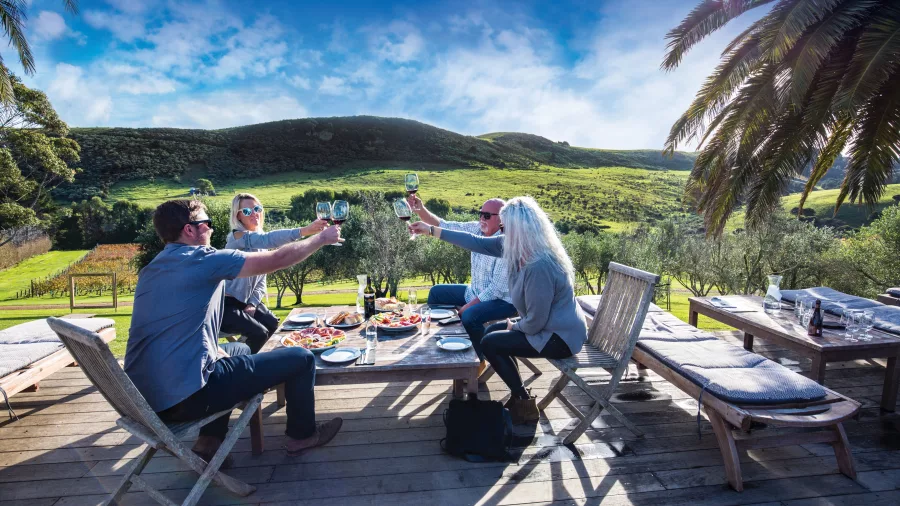 Group of people gathering for wine tasting and gourmet platters at Stonyridge Vineyard on Waiheke Island