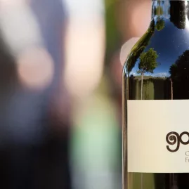 Goldie Vineyard wine bottle on Waiheke Island, featured on a premium wine tasting tour with exclusive group experiences