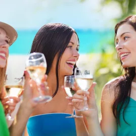Group of people celebrating with wine glasses during a Waiheke Island Premium Wine Tour, enjoying scenic views and boutique vineyard tastings
