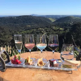 Gourmet wine tasting platter with assorted cheeses, fruits, and wine glasses set on a wooden barrel overlooking Waiheke Island’s rolling vineyards and Hauraki Gulf