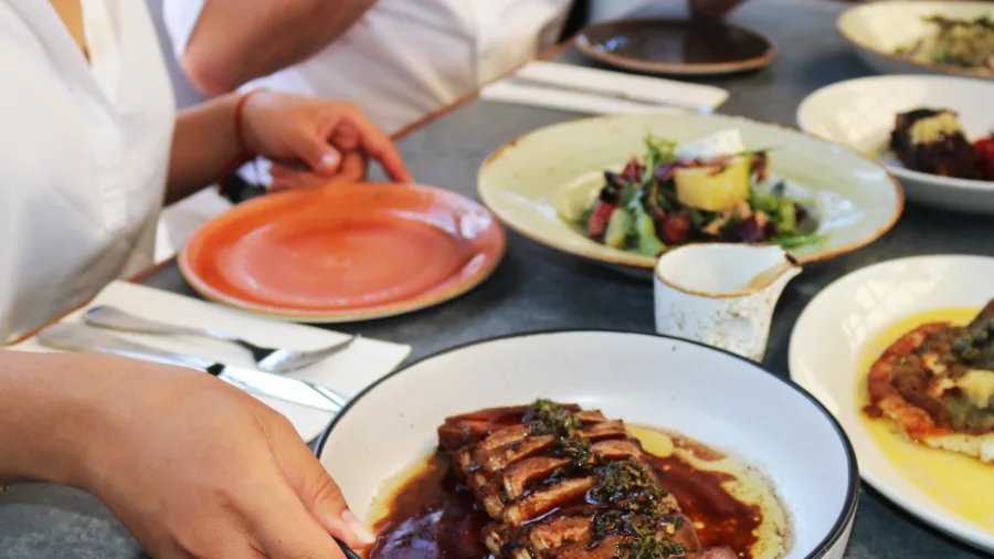Group enjoying gourmet lunch and wine tasting at a Waiheke Island vineyard restaurant with beautifully plated dishes and local wines on the table