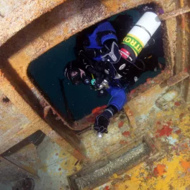 Diver exploring the interior of HMNZS Canterbury shipwreck on New Zealand diving charter