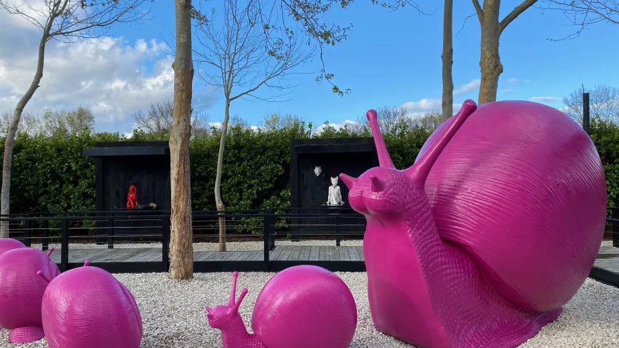 Giant pink snail sculptures in the Pink Snail Garden at Sculptureum Matakana New Zealand