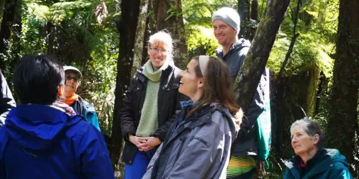 Group participating in a private forest therapy session, walking together in native bush