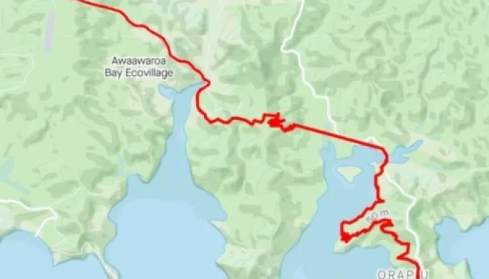 Map of walking route from Orapiu to Trig Hill on Waiheke Island