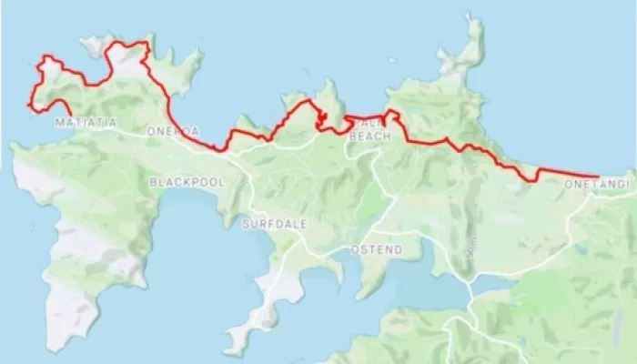 Map of Te Ara Hura walking route from Matiatia to Onetangi on Waiheke Island