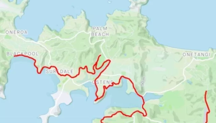Map of Trig Hill to Blackpool walking route on Waiheke Island