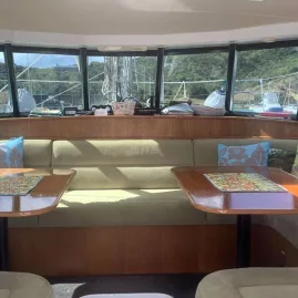 Stylish and spacious saloon interior aboard the Pacific Star sailing yacht