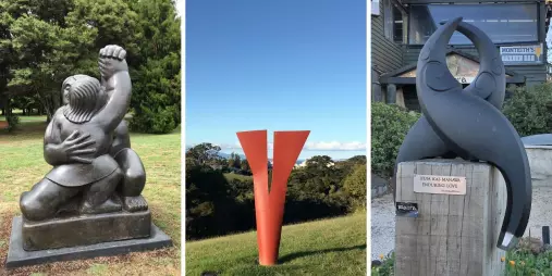 Contemporary outdoor sculpture displayed in a natural setting on Waiheke Island