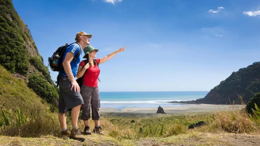 Two hikers pointing to the beach along the Te Henga Walkway with a view of Bethells Beach and rugged coastal cliffs, Auckland